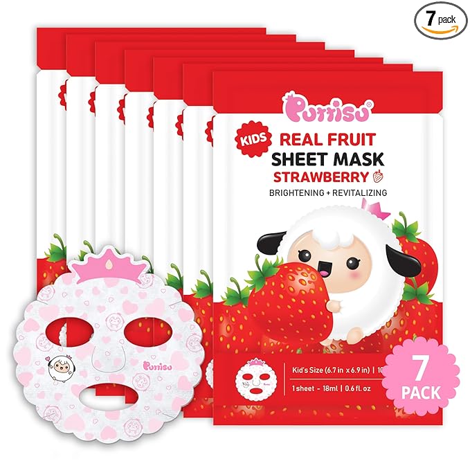 Puttisu Real Fruit Facial Mask Sheet for Kids, Children - Made with 100% Cotton, Moisturize, Sooths and Hydrates Skin (Strawberry- Pack of 7)