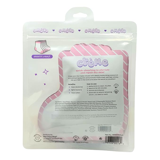 The Crème Shop Boba Bears Beary Merry Dry Skin Repair Foot Mask With Coconut Oil and Glycolic Acid for Dry Feet - Strawberry Peach (3 pc)