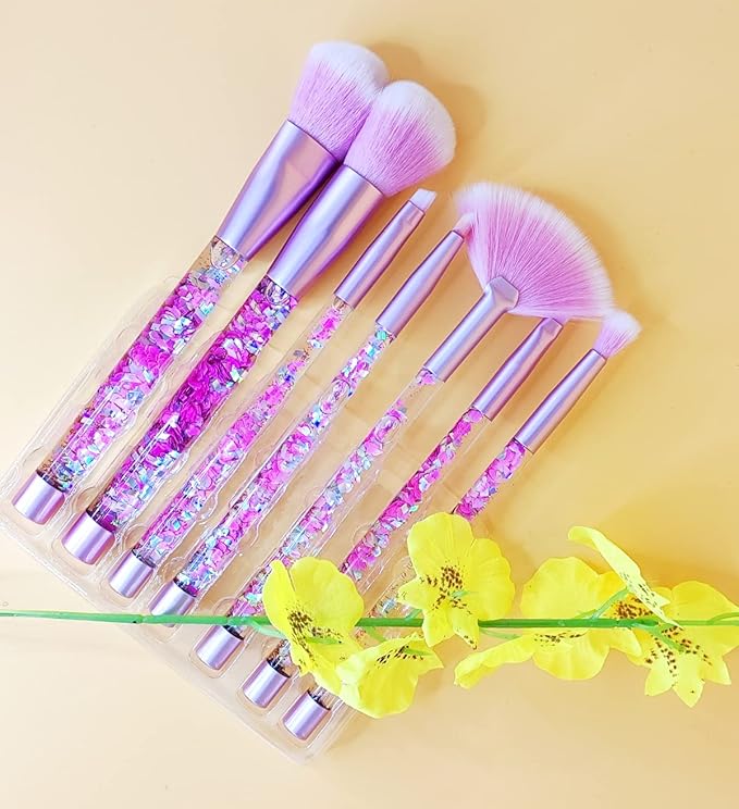 Sparkle Pink Makeup Brushes Set,Unicorn Glitter 7pc Foundation Blush Lip Nose Eyeshadow Eyebrow Loose Powder Fan Make Up Brushes Kit with Liquid for Kids Girls Teen Women Gift Present