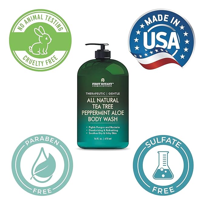 First Botany, All Natural Tea Tree Body Wash Fights Body Odor Athlete's Foot Jock Itch Nail Issues Dandruff Acne Eczema Yeast Infection Shower Gel Eucalyptus & Peppermint Aloe Skin Cleanser 16 X 2 fl