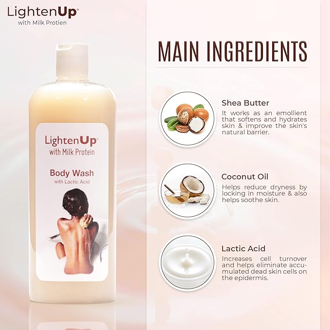 OMIC Lighten-Up LightenUp Lactic Acid Body Wash - 33.8 Fl oz / 1000 ml - Exfoliating Shower Gel, with Shea Butter, Coconut Oil, For All Skin Types
