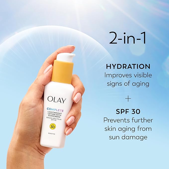 Olay Face Moisturizer,Complete with Sunscreen SPF 30,Fragrance-Free for Sensistive Skin,Broad Spectrum Sun Protection, Long-Lasting Hydration, Non-Comedogenic - Vitamin E & Aloe - 2.5 Oz - (Pack of 4)