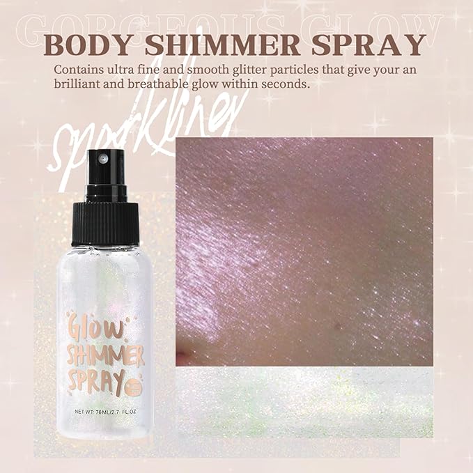 Body Glitter Spray, Body Shimmer Spray Quick Drying Body Glow Shimmer Long-Lasting Shiny Glitter for Women Men for Party, Concert 2.6 Fl Oz. (Silver White)