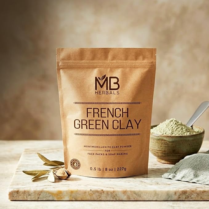 MB Herbals French Green Clay 8 oz | 0.5 lb / 227 Gram | 100% Pure Montmorillonite Clay | Absorbs Excess Oil | Detoxifies Skin | Recommended For Oily Skin | No Chemical Preservatives