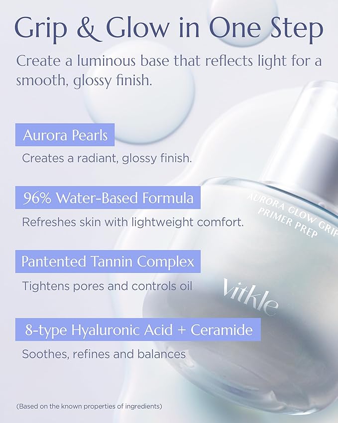 Aurora Glow Grip Primer Prep - Korean Illuminating Makeup Base for Radiant Skin - 8-Layer Hyaluronic Acid and Ceramides - Pore Minimizing, Sebum Control, Long Lasting Makeup, 1.01 fl.oz.