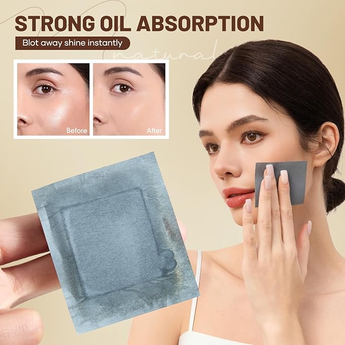 Blotting Papers for Face with Mirror and Puff, 100 Count Bamboo Charcoal Oil Blotting Sheets for Oily Skin, Portable Compact for Purse, Travel, and On-the-Go Touch-Ups