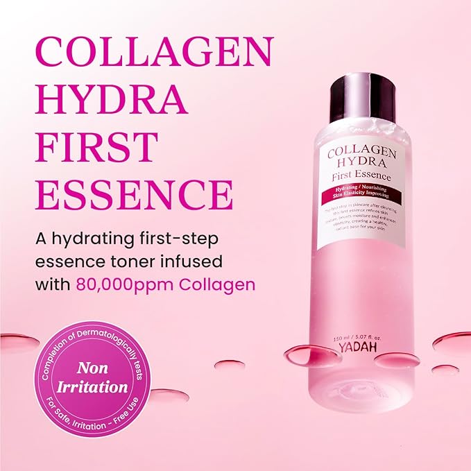 YADAH Collagen Hydra First Toner Essence – Deep Hydration, Soothing with 80,000ppm Collagen Peptides and Triple Hyaluronic Acid, Centella Asiatica Extract, Niacinamide – 5.07 fl oz. Korean Skincare