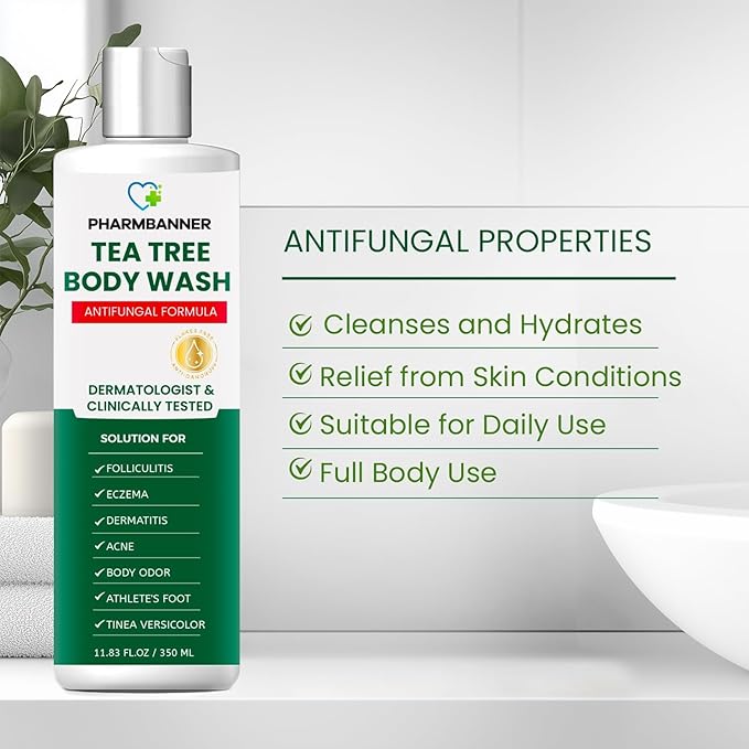 PHARMBANNER Tea Tree Antifungal Body Wash – Soothes Folliculitis, Acne, Jock Itch, Athlete’s Foot, Ringworm, Tinea Versicolor, Body Odor, Eczema & Dermatitis-Prone Skin