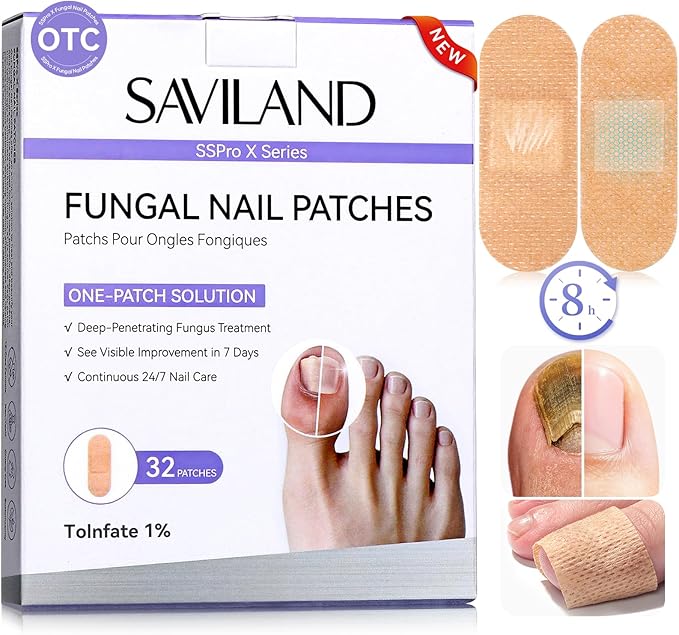 SAVILAND Fungal Nail Patches 32 PCS FSA-HSA Extra Strength: 8H Overnight Repair 1% Tolnaftate Toenail Treatment Nighttime Nail Renewal Restores Damaged Nails Discolored Thick Yellow