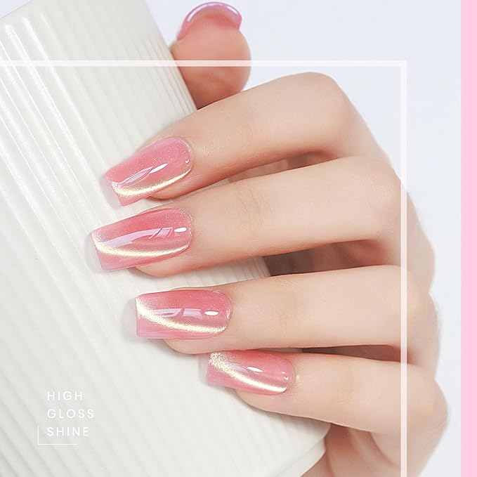MIZHSE Cat Eye Gel Nail Polish, 8 Colors Glass Magnetic Gel Polish Set with Magnet Stick, Crystal Jelly Pink Purple Colors with Gradual Gold Cat Eye Effect Nail Gel Soak Off Nail Art Valentine's Gift