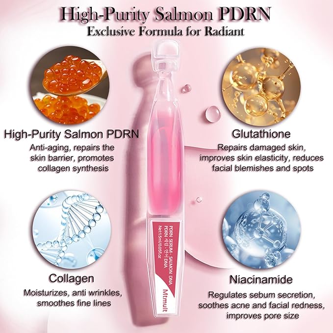 Mtmult Salmon DNA PDRN Serum - PDRN Salmon DNA Anti-Aging Ampoule with 99% Salmon DNA PDRN, Collagen & Hyaluronic Acid, 0.05 fl.oz x 30e, Firming & Moisturizing - Fuses Salmon DNA Power
