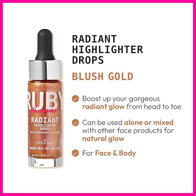 Ruby Kisses Radiant Drops, Shimmer Liquid Highlighter Makeup, Smooth Illuminator for Face Body, Natural Glow Dewiness Glitter for Skin (Blush Gold)