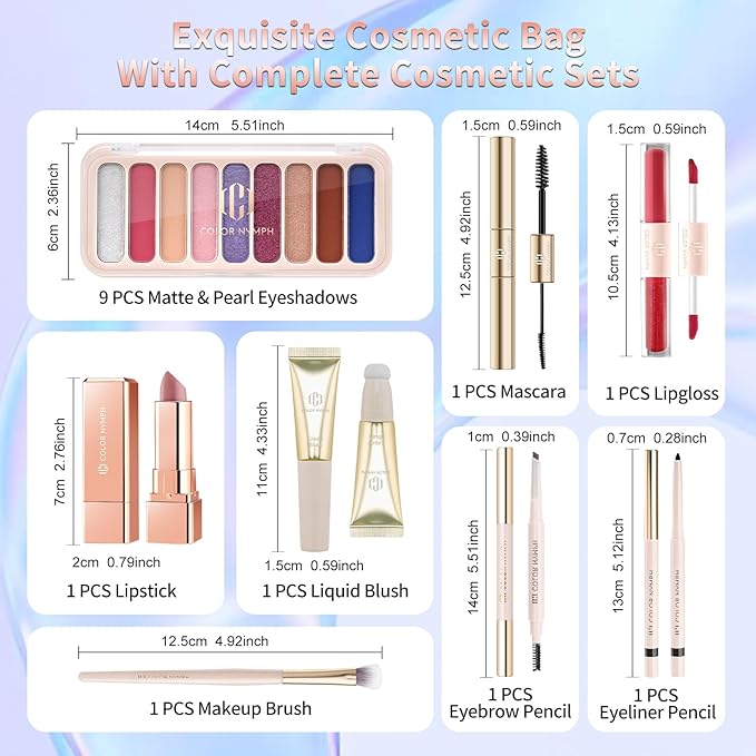 Color Nymph Makeup Kit for Women, Girls Beginner All In One Makeup Set with Sequin Bag, 9-Color Eyeshadow Palette, Lip Gloss, Eyeliner, Mascara - Orange Blue, Sparkling Party Wedding Evening Bag