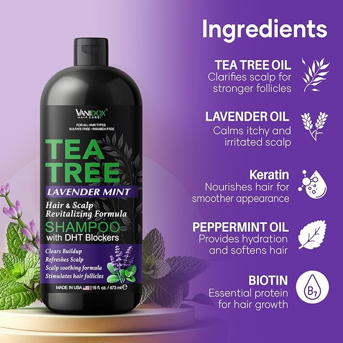VANIDOX Tea Tree Oil Shampoo with Lavender & Mint | DHT Blocker Blend | Gently Cleanses Scalp, Helps Remove Buildup & Flakes | For Men & Women | Made in USA | 16 fl oz