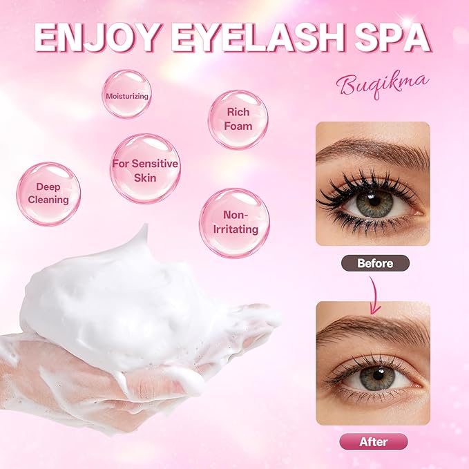 Buqikma Lash Cleaning Kit - Lash Shampoo 60ML with Rechargeable Handheld Fan Dryer, Mascara Brush, Rinse Bottle, Makeup Cleansing Foam for Eyelash Extension Care, Green