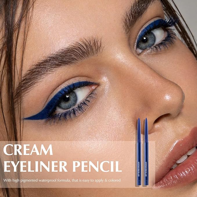 2 PCS Dark Blue Eyeliner Pencil, Retractable Shine Gel Waterline Eye Liner Pen Set for Women, Smudge-Proof Multi-Use Shimmer Creamy Eyeshadow High Pigmented Long-Lasting Smooth Eye Makeup