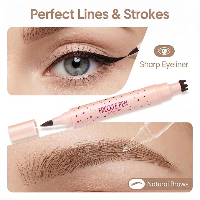 3-in-1 Freckle Stamp Freckle Pen & Eyebrow Pen : 4-Point Stamp for Natural Faux Freckles, Waterproof & Long-Lasting. Dual-Ended Multi-Tool for Brows & Sunkissed Looks (2PC Soft Brown&Dark Brown)