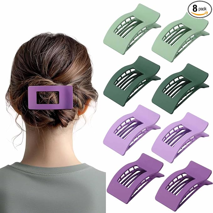 8 Pack French Flat Hair Clips for Women – Large Matte No-Slip Claw Barrettes for Thick & Thin Hair, Strong Hold Styling Accessories (Green and Purple)