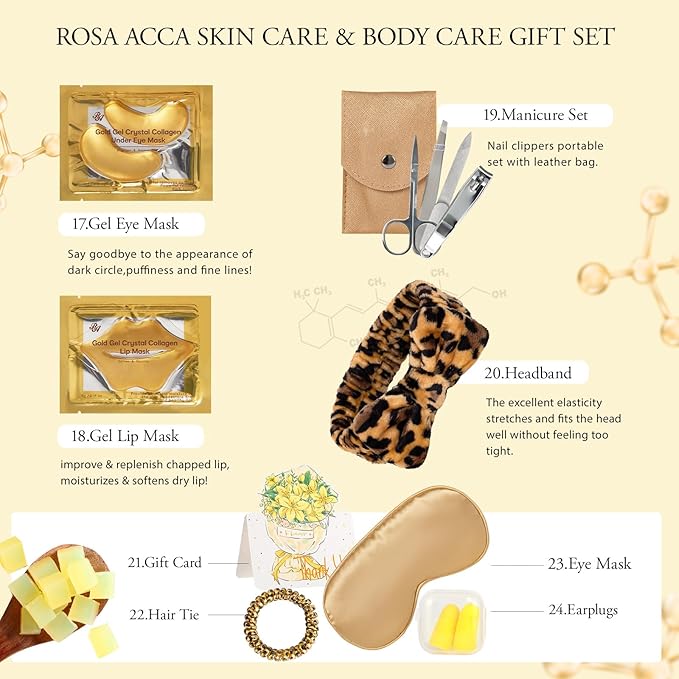 32 Pcs Mother's Day Gift for Mom, Leopard Facial Skin Care Set for Women, Home Spa & Self-Care Kit, Bath and Body Gift Basket Set, Face Sheet Mask, Wife, Birthday, Christmas, Valentines, Anniversary