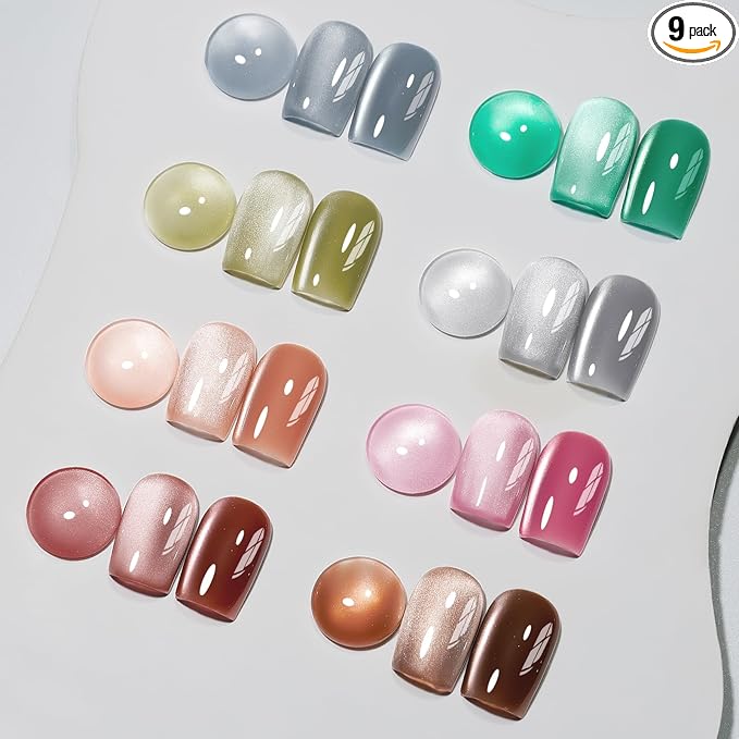 MIZHSE Cat Eye Gel Nail Polish Set: 8 Colors Moonlight Magnetic Gel Polish with Magnet Stick, Glass Holographic Shimmer Gray Brown Pink Colors Glitter Nail Gel Soak Off Nail Art Salon DIY Gift
