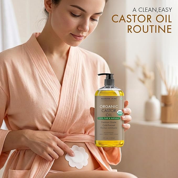 Majestic Pure Oil - 100% Pure and Natural- Cold Pressed & Hexane Free Natural Hair Growth Oil for Eyelashes, Eyebrows, Skin, Body, Face, Nails & Scalp - Organic Castor Oil with Patches 8 Fl Oz