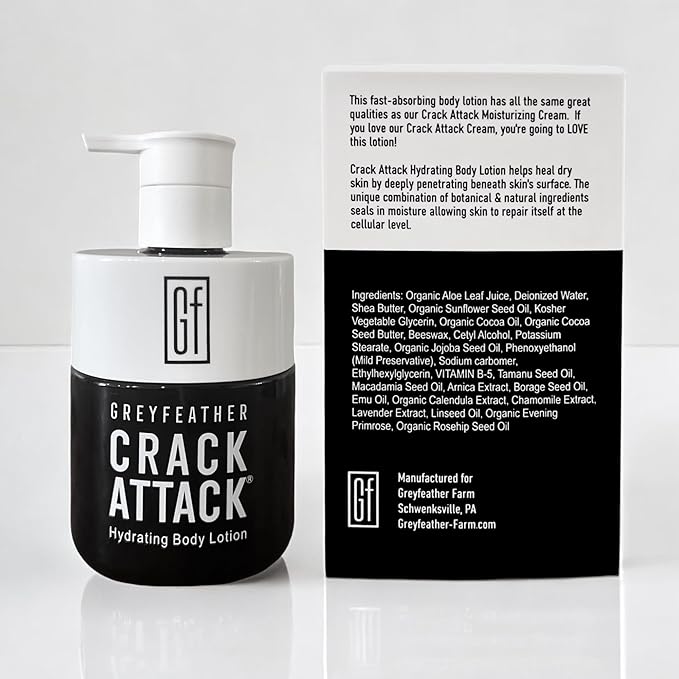Greyfeather Crack Attack Hydrating Body Lotion for Dry Cracked Skin – Fast Absorbing, Mint Scented, Non-Greasy Moisturizer with Aloe, Shea Butter – Heals Hands, Feet, Elbows, Full Body Repair
