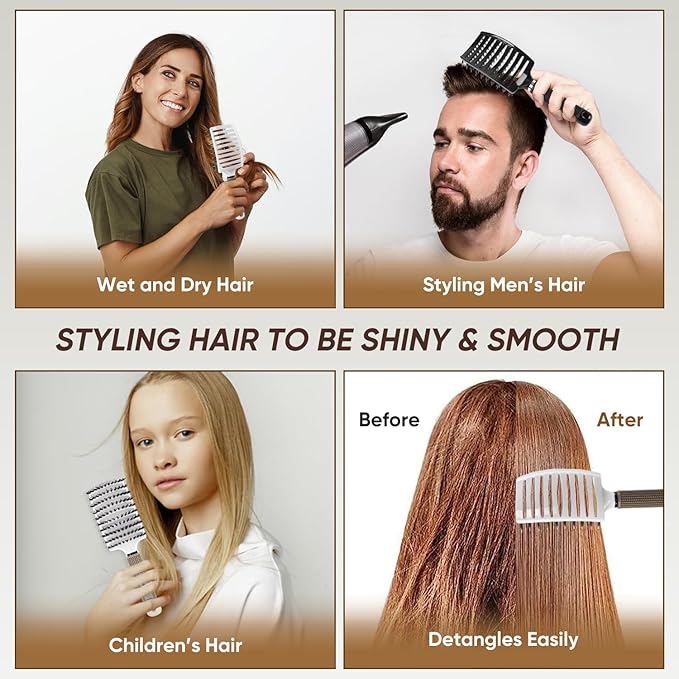 Boar Bristle Hair Brush 2PCS, Curved Vented Detangling Brush for Wet and Dry Hair, Styling Paddle Hairbrush for Women Men Kids Curly Straight Thick Long or Short Hair