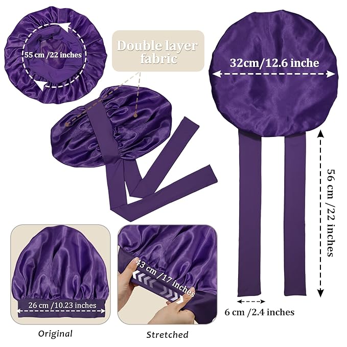 AWAYTR Purple Satin Bonnet with 3 Hair Scrunchies for Women - Large, 2-Layered Silk Sleeping Cap for Sleeping, Hair Care