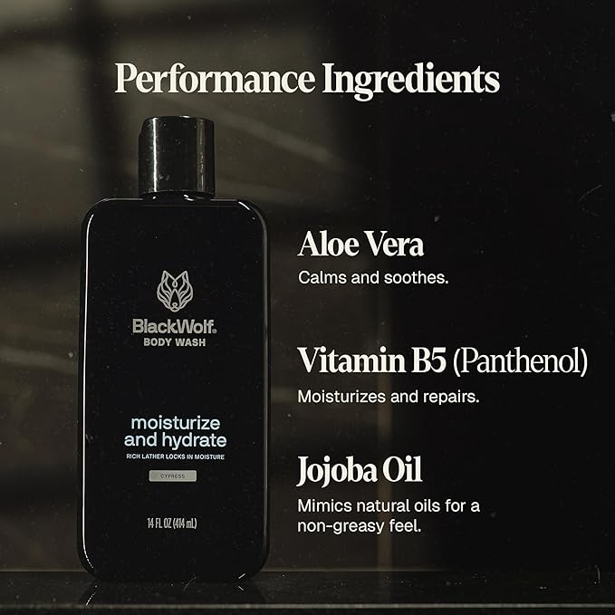 Black Wolf Moisturizing Body Wash for Men, Sandalwood - Mens Hydrating Bodywash for Dry, Dehydrated, & Sensitive Skin - Hyaluronic Acid, Aloe Vera, & Jojoba Oil Body Cleanser Help Remove Oil & Dirt