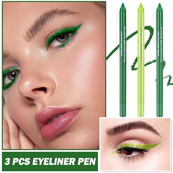 3PCS Green Eyeliner Pencil Set Colorful Metallic Glitter Eyeliner Pen,Shimmer Eye Shadow Pencil Professional Eye Liner Makeup Kit - Set B