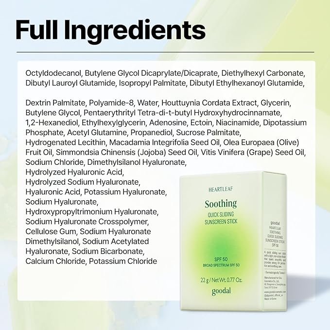 GOODAL Heartleaf Soothing Quick Sliding Sunscreen Stick, Broad Spectrum SPF 50, Lightweight Korean Sun Stick for Face & Body, Non-Sticky for Reapplication Over Makeup, Reef-Friendly, Vegan, 0.77 Oz