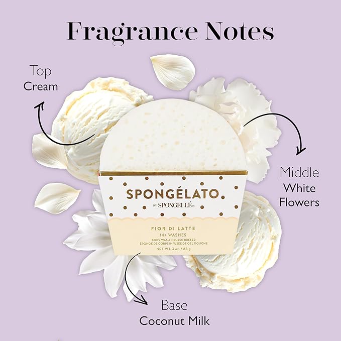 Spongellé Fior de Latte (Vanilla) Spongélato Bath Sponge | Built-In Body Wash & Body Scrubber, Shower Loofah Sponge for Women | 14+ uses