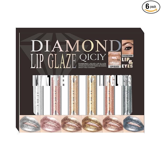 ADMD Diamond Lip Glaze 6-Piece Set Lip Gloss Glitter Sparkling Liquid Lipstick&Shimmer Eyeshadow Long-Lasting Waterproof Makeup