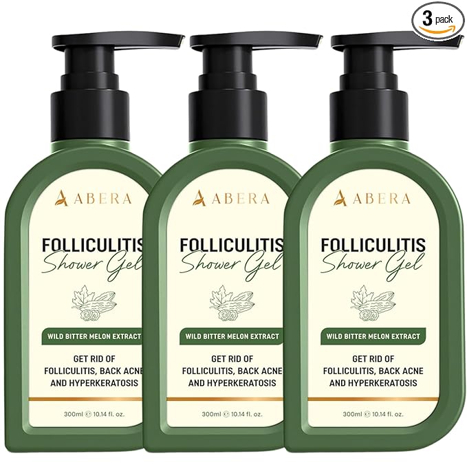 ABERA Folliculitis BHA Shower Gel for Body Acne & KP, Acne Body Wash with Tea Tree Oil & Wild Bitter Melon Extract, Relieves Itching & Irritation for Men & Women, 3 Pack (10,14 Oz Per Item)