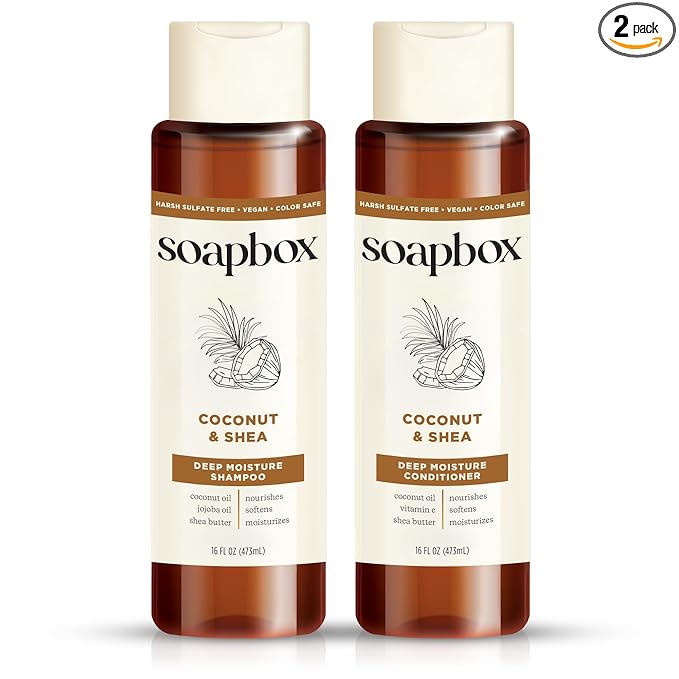 Soapbox Coconut & Shea Shampoo & Conditioner Set, For Dry, Damaged Hair - Nourishes & Moisturizes Hair - Clean Ingredients Free of Harsh Chemicals, Sulfates, Parabens & Silicones - 16 oz Each