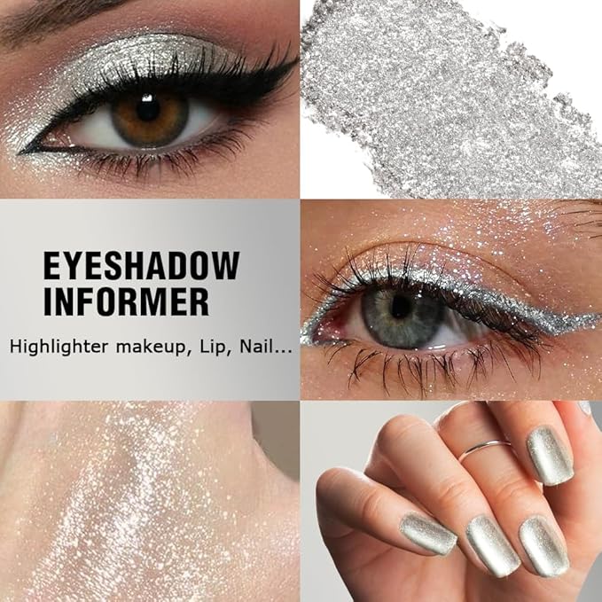 Afflano Silver Glitter Eyeshadow Palette Super Pigmented, Single Parkle Shimmer Silver Eyeshadow Palette, Long Lasting Blendable Neutral Eye Look, for All Skin Metallic Glitter Eyes Bling Makeup