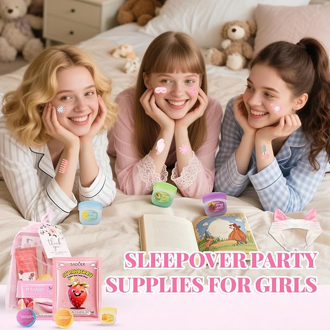 90PCS Spa Party Supplies for Girls, Sleepover Party Supplies for Girls, Skincare Set, Include Sleepover Party Temporary Tattoos, Face & Lip Mask, Foot Bath Bombs, Hand Cream, Spa Party Favors