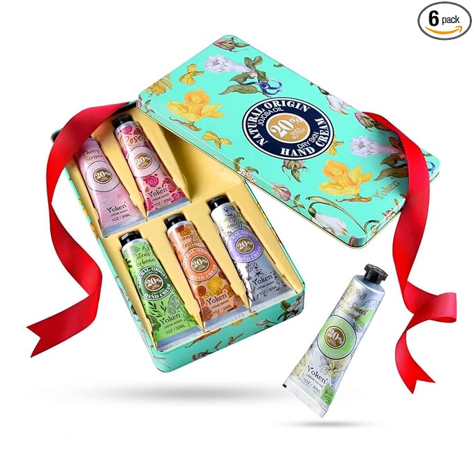 Yoken 20% Shea Butter Hand Cream Gift Set, Instant Soothing Moisturizing Hand Cream for Women Nourishes Dry Hands, 6-Piece Delicate Tin Gift Set Almond, Citrus Verbena & Floral-Scented, 6 x 1 OZ