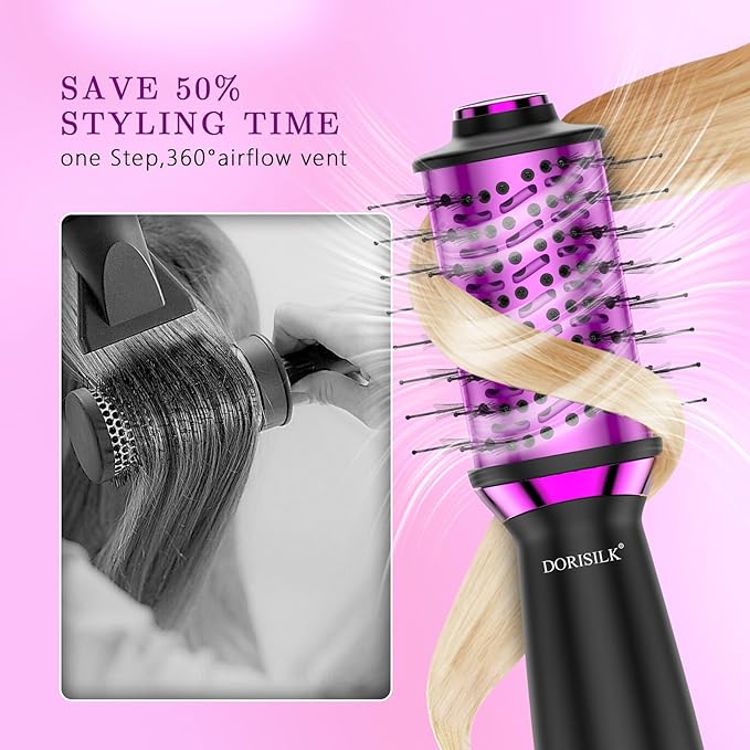 DORISILK Small Dual Voltage Blow Dryer Brush,4 in 1 Blow Dryer Brush for Drying Straightening Curling Volumizing，Travel Hot Air Styler with 2 Inch Oval Barrel