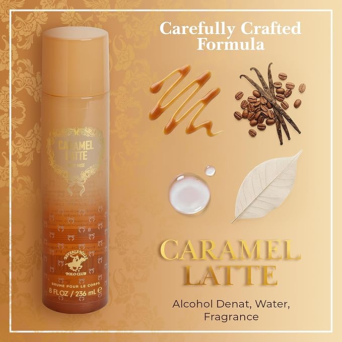 Beverly Hills Polo Club Caramel Latte Body Mist for Women - Indulgent Gourmand Fragrance Spray - Long-Lasting Sweet Scent - 236ml (8 fl oz)