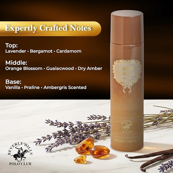 Beverly Hills Polo Club Amber Vanilla Fine Gourmand Fragrance Body Mist for Women & Men – Long-Lasting Luxurious Floral Woody Sweet Scent Spray – 236ml / 8 FL OZ