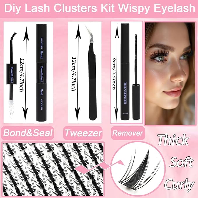 Lash Clusters Kit: Eyelash Clusters Individual Lash Extension Kit 480 Pcs D Curl Fluffy Wispy False Eyelashes Extensions Thin Band with Bond Seal Tweezers Brush (40D+50D-SMY11&Kit, Lash clusters)