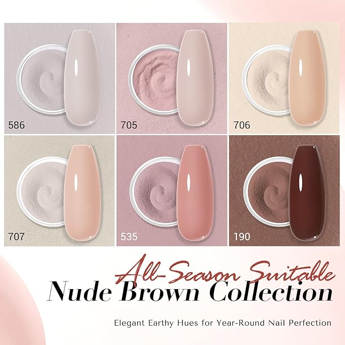 AZUREBEAUTY Dip Powder Nail Set,Nude Brown 6 Colors Skin Tones Natural Dipping Powder French Nail Art Starter Manicure Salon DIY at Home