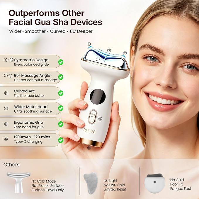 Cold Heat Gua Sha Facial Neck Lymphatic Massager, 7-in-1 LED Red Light Face Depuffer Sculpting Tool, Hot Electric Gua Sha Lift Device & Cooling Depuffing Wand, for Contouring, Firming