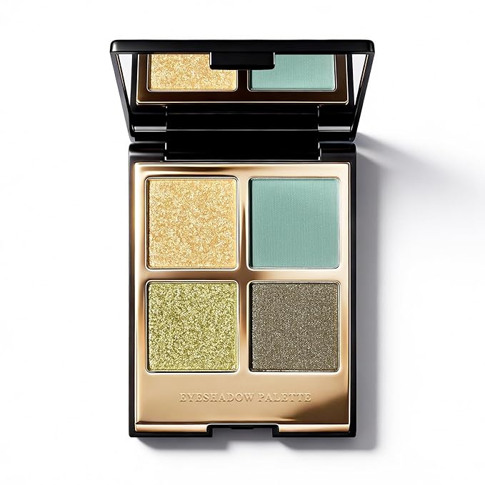 KYDA 4 Colors Eyeshadow Palette, Olive Green Golden Glitter Eyeshadow, Matte Cyan Blue Eye Shadow, Shimmer Pearl Brown Eyes Shadow Palette, Ultra-fine Lightweight, High Pigment Smoky Eyes Makeup