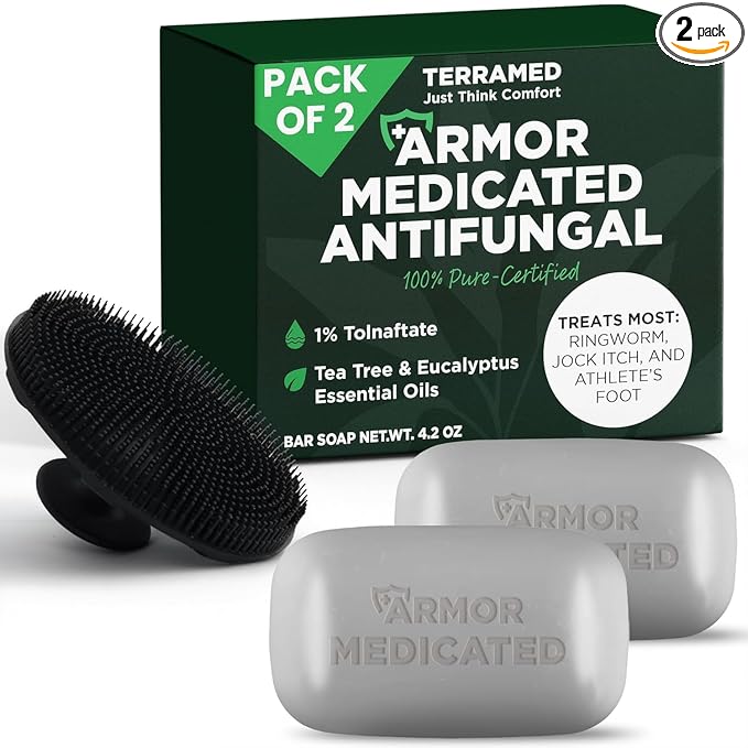 Antifungal Soap Pack of 2 | Medicated Jock Itch Treatment, Fights Ringworm & Athlete's Foot | Antifungal Soap Includes Scrubber for Deeper Cleansing & Exfoliation | Tea Tree Oil 1% Tolnaftate