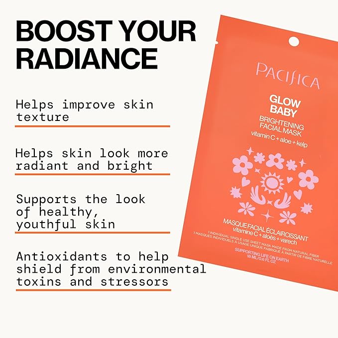 Pacifica Glow Baby Brightening Vitamin C Face Mask 4-Pack – Hydrating Serum-Soaked Sheet Mask for Glowing Skin, Fights Dullness & Dark Spots, Infused with Aloe & Kelp, 100% Vegan & Cruelty-Free