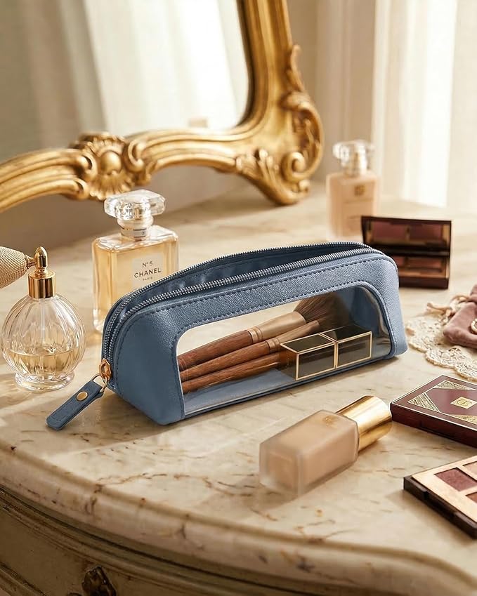 LETGO Clear Makeup Brush Bag Pouch, Waterproof PU Leather Portable Makeup Bag Holder with Transparent Window, Travel Lipstick Case Pouch Car Organizer and Storage (Slim, Blue)