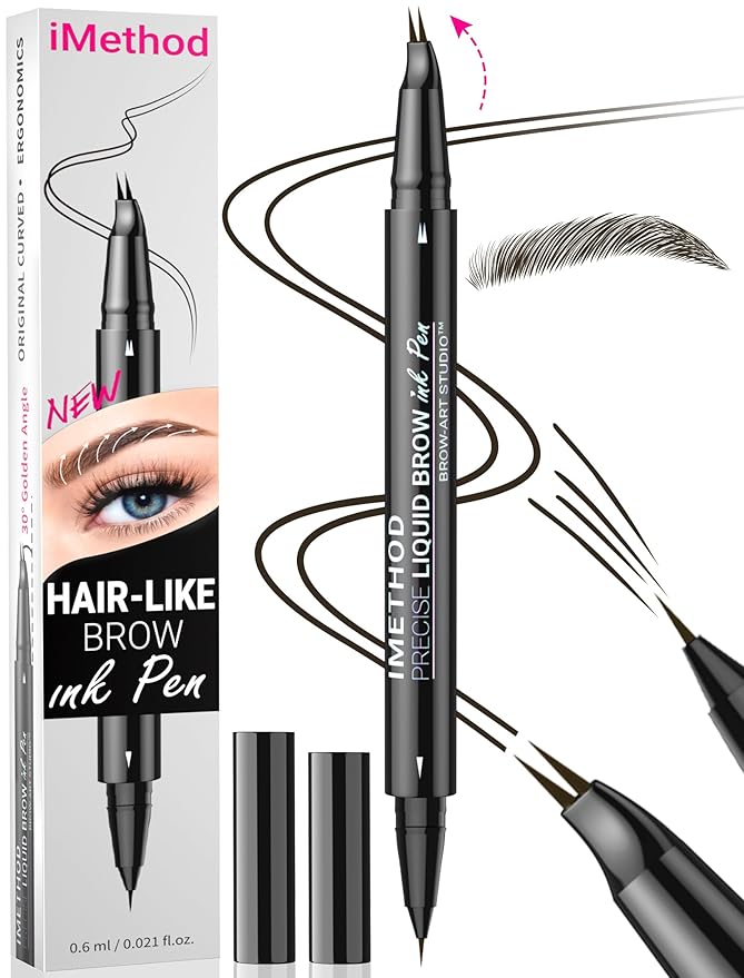 iMethod Curved Eyebrow Pen - Eyebrow Pencil, Brow Pencil 2-in-1 Dual-Ended Microblading Eyebrow Pen with Micro-Fork-Tip and Precise Brush-Tip Create Natural Hair-Like Brows, Last All-Day, Black Brown