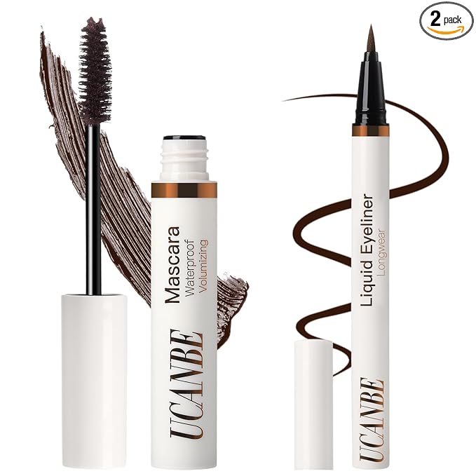 UCANBE Brown Mascara and Liquid Eyeliner Set, Waterproof Colored Eye Makeup Duo - Enhance Your Gaze with Natural Lasting Lift & Curl for Lashes and Pigmented Smudge-Proof Eye Liner